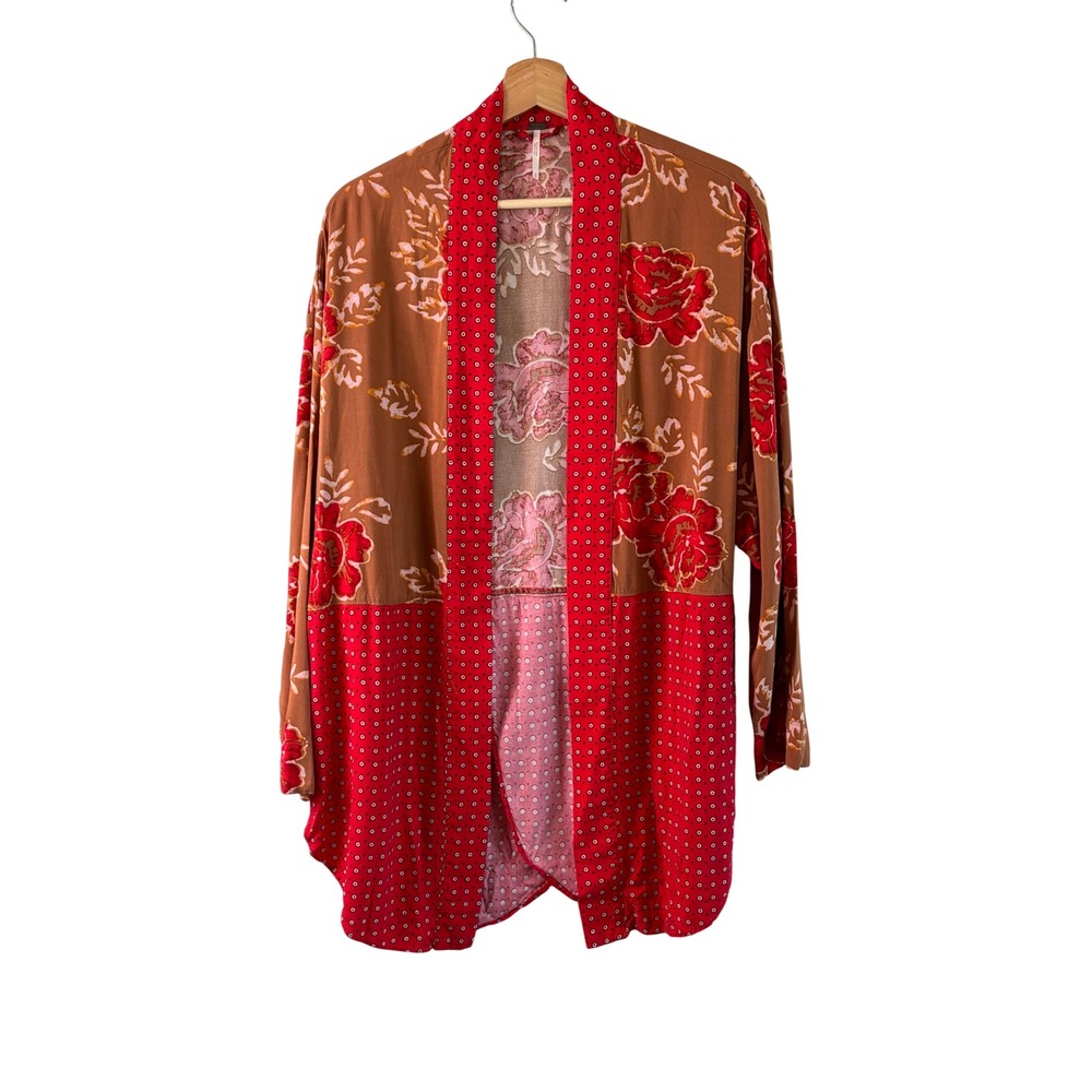 Free People Cardigan Red Womens S Forget Me Knot Mixed Print Open Front Rayon